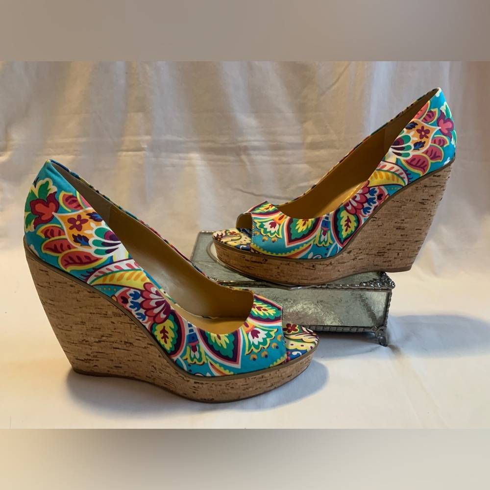 Vibrant Multicolor Floral Print Cork Wedge Heels - Picture 2 of 15